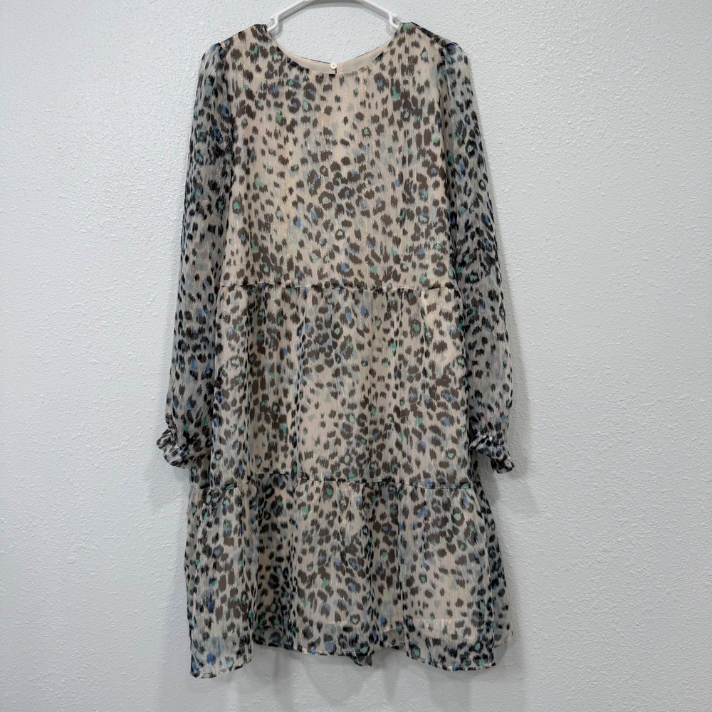 LOFT Leopard Print Tiered Swing Dress Metallic Gold Lurex XL Long Sleeve Blue